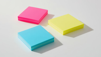 Brightly colored sticky notes in pink, yellow, and blue are arranged on white background