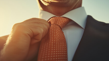 close up of man adjusting his orange polka dot tie while wearing suit, exuding confidence and professionalism in bright setting