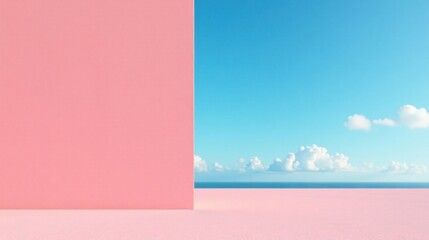 Pink Wall Minimalist Seascape A Serene Ocean View Beside a Pastel Pink Surface