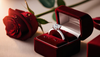 sparkling diamond ring in elegant velvet box, surrounded by romantic red rose with dewdrops