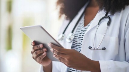 Telehealth technology and digital healthcare innovation featuring doctor using tablet for medical software management, cardiology data analysis, and patient results update in a modern hospital workpla