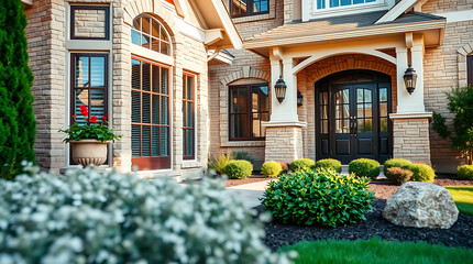 Fototapeta premium Luxury Home Exterior: Brick Facade, Landscaping, and Grand Entrance. A stunning example of residential architecture and design.