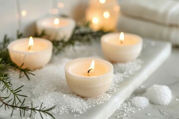Four burning candles are resting on a marble surface covered with bath salts and rosemary sprigs
