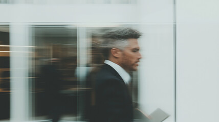professional man in suit walks briskly through modern office environment, conveying sense of urgency and focus. blurred motion emphasizes his dynamic presence