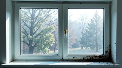 Sunlight Illuminates a Window with Visible Mold Growth on the Sill, Revealing a Tranquil, Verdant Landscape Beyond