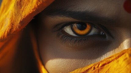 Close-up shot of a person's eye with a yellow scarf wrapped around it, perfect for use in stories about identity or personal style