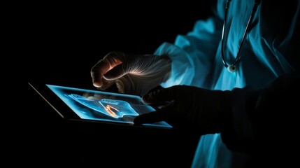 Telehealth technology and digital healthcare innovation featuring doctor using tablet for medical software management, cardiology data analysis, and patient results update in a modern hospital workpla