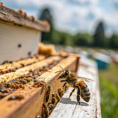 honey bee on the hive with blurred background,honeycomb natural background