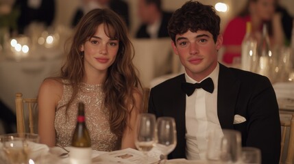 A couple dressed elegantly, seated at a stylish dinner gathering. The ambiance is warm and sophisticated, suggesting a formal event or celebration.