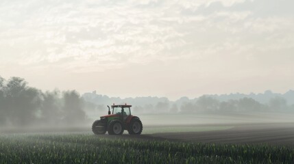 Fototapeta premium Tractor working in foggy fields during early morning light near a rural landscape