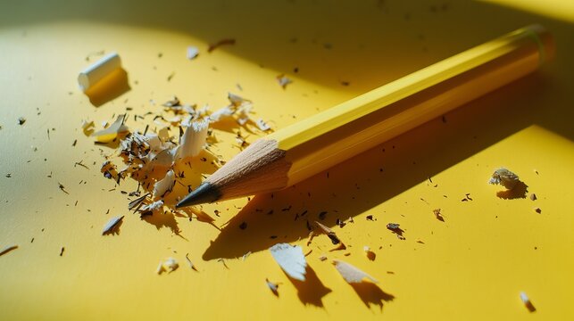 A simple pencil with an eraser in a plastic sharpener, placed on a yellow table beside pencil shavings