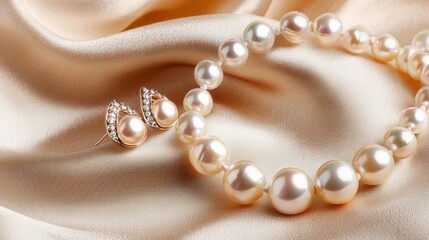 Obraz premium Elegant Pearl Necklace Lying on Soft Fabric Backdrop