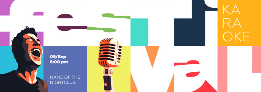 Stylish karaoke festival bold abstract geometric design with microphone and singing man. Suitable for party invitations, concert promotions and nightclub events