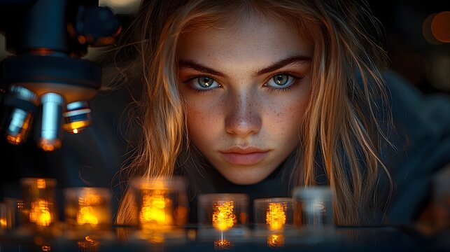 Ambitious Girl Staring into Futuristic Microscope Reflection Showing Scientist in Lab