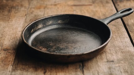 Vintage cast iron skillet resting on rustic wooden table, evoking a sense of home cooking nostalgia