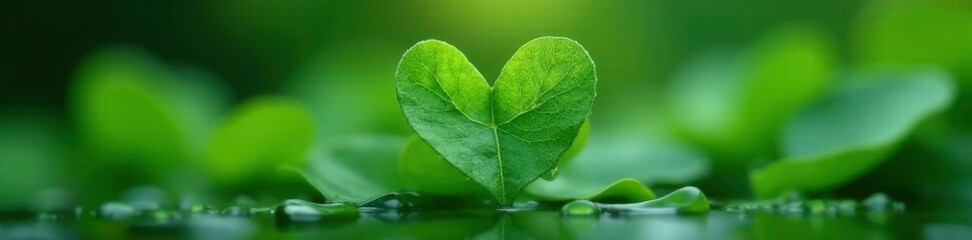 Fototapeta premium Droplets clinging to the delicate curves of a heart-shaped leaf arrangement, green, nature, water