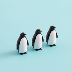 Obraz premium Three cute penguins standing in row on light blue background, showcasing their playful nature