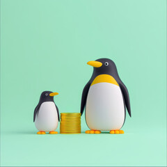 Naklejka premium Cute penguins standing next to stack of coins on mint green background