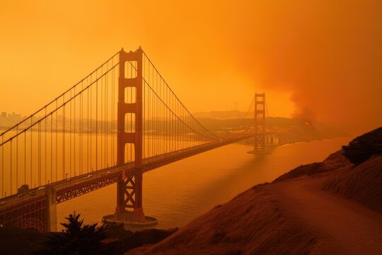 View of the iconic Golden Gate Bridge in San Francisco at sunset