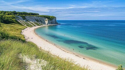 Obraz premium Scenic coastal beach, cliff view, summer vacation, people swimming, idyllic landscape