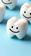 Bright and cheerful image of a cute, smiling tooth character on a light blue background, conveying a sense of dental health and happiness.