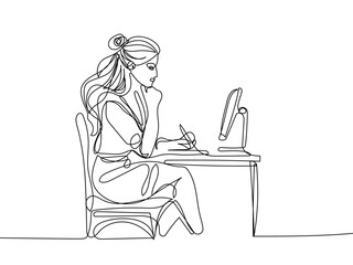 Woman Worker Silhouette Vector One Line Illustration on White Background. Female Working Line Art Drawing. Woman with Laptop Linear Minimalistic Drawing