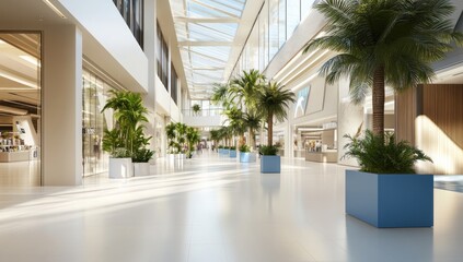 Naklejka premium Luxurious Modern Shopping Mall Interior Design with Lush Greenery
