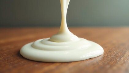 Droplets of yogurt fall onto a smooth wooden table top, , surface