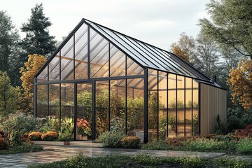 Obraz premium A modern minimalistic greenhouse with geometric glass panels picture