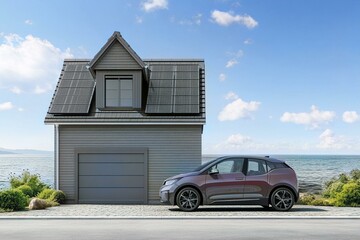 Modern Home with Electric Car by the Sea