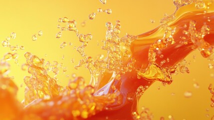 Orange juice splash, vibrant yellow background, refreshing drink, advertising