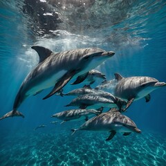 Fototapeta premium A pod of dolphins swimming in crystal-clear ocean water.