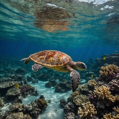 Obraz premium A sea turtle swimming gracefully through a vibrant coral reef.