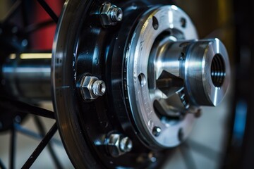 Shiny new metal bicycle hub being assembled in a workshop