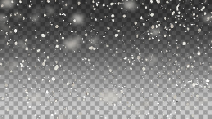 Falling snowflakes with blurry snow particles on dark transparent background. Vector illustration