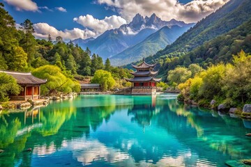 Naklejka premium Lijiang's Blue Moon Valley: Serene Yunnan Landscape Photography