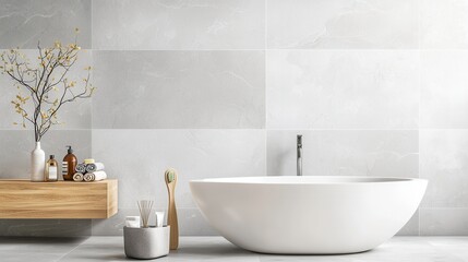 Fototapeta premium Luxurious Minimalist Bathroom with Freestanding Tub and Wooden Vanity
