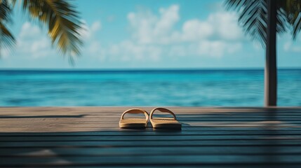 A pair of flip-flops resting on a wooden deck with the ocean blurred in the distance picture