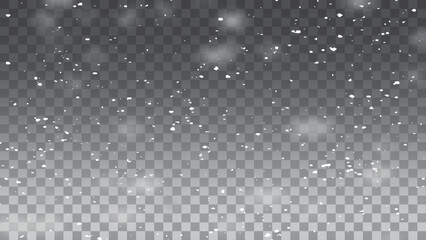 Falling snowflakes with blurry snow particles on dark transparent background. Vector illustration