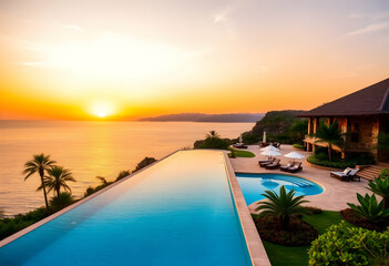Luxurious infinity pool overlooking ocean sunset, tropical resort, palm trees silhouette, golden hour, panoramic view, cliffside villa, serene atmosphere, warm color palette, high-end travel destinati