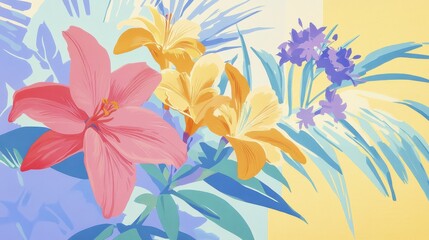 Colorful floral abstract with bold lily and tropical leaves design