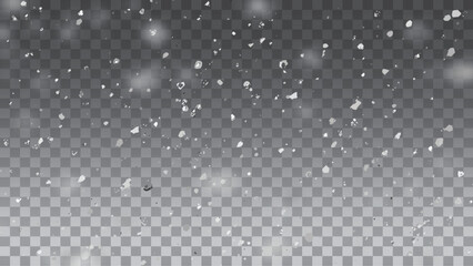 Falling snowflakes with blurry snow particles on dark transparent background. Vector snow falling from above Vector illustration