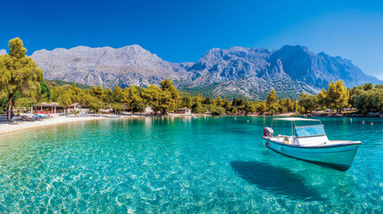 Obraz premium Idyllic Coastal Scene: Boat in Crystal-Clear Water with Mountain Background