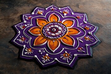 Obraz premium A vibrant purple and orange flower arrangement on a wooden table