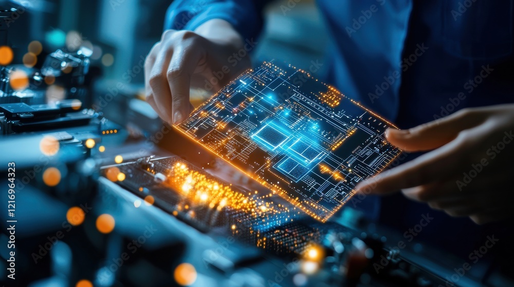 Poster glowing futuristic computer chip with intricate circuitry and technological patterns