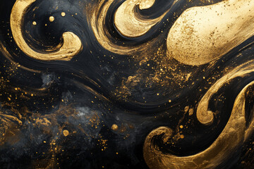 Abstract black and gold swirling patterns on textured canvas surface