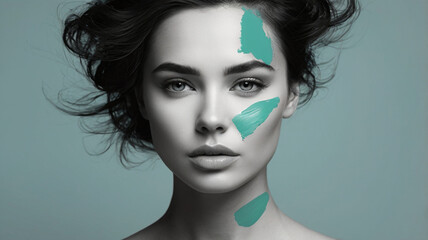 Modern collage of beautiful woman portrait and brush colorful brush strokes