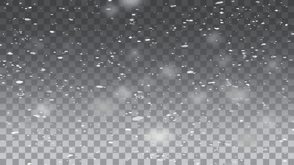 Falling snow particles blurred in motion on dark transparent background. Christmas snow dust. Vector illustration.