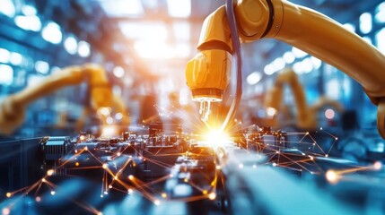 Robotic arm welding metal parts in modern factory automation