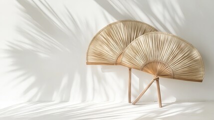 A pair of woven palm fans leaning against a clean white wall with soft shadows picture